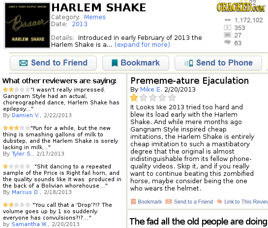 HARLEM SHAKE GRAGKEDO Basuer Category: Memes 1,172,102 Date: 2013 353 2013 27 HARLEM SHAKE Details: Introduced in early February of the Harlem Shake i