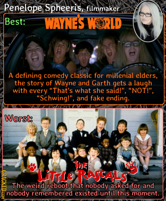 Penelope Spheeris, filmmaker Best: WAYNES WORLD A defining comedy classic for millenial elders, the story of Wayne and Garth gets a laugh with every 