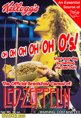 Kellogg's An Essential Source of OH Os! CH OH OH O Stort your doy by Gerfing the Led Out! The Official Breakfast cereal of LEDZIRPELN Net Wt. 18 O7. W