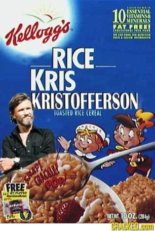10 ESSENILLL TLUSSK MINERALS Kellogg's FAT FREE 1TMA e I7 EN I1 RICE KRIS KRISTOFFERSON TOASTED RICE CEREAL FREE NY PLITIS MArmasos Nv Ni NEWT 100Z.(2