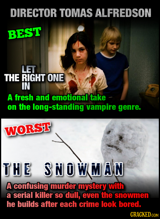 DIRECTOR TOMAS ALFREDSON BEST LET THE RIGHT ONE IN A fresh and emotional take on the long-standing vampire genre. WORST THE JNOWMAN A confusing murder