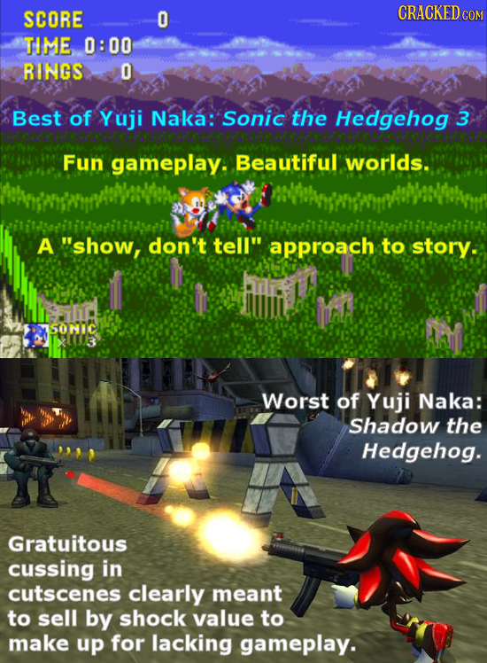 SCORE 0 CRACKEDcO TIME 0:00 RINGS 0 Best of Yuji Naka: Sonic the Hedgehog 3 Fun gameplay. Beautifull worlds. A show, don't tell approach to story. S