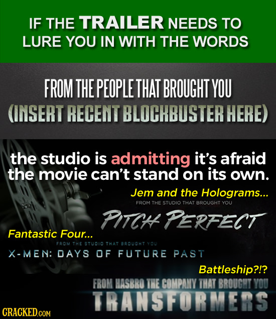 IF THE TRAILER NEEDS TO LURE YOU IN WITH THE WORDS FROM THE PEOPLE THAT BROUGHT YOU (INSERT RECENT BLOCHBUSTER HERE) the studio is admitting it's afra