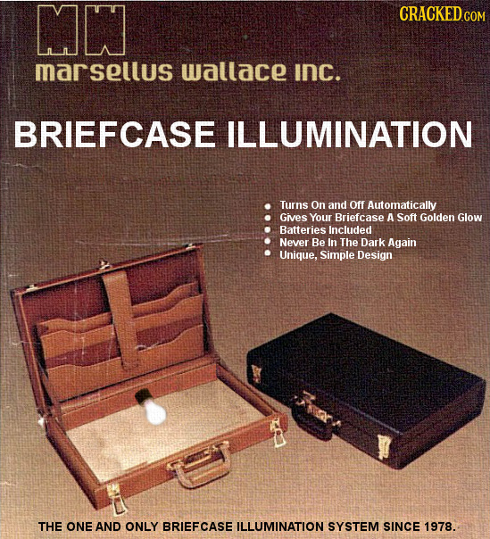 MN CRACKEDCO marsellus wallace INC. BRIEFCASE ILLUMINATION Turns On and Off Automatically Gives Your Briefcase A Soft Golden Glow Batteries Included N