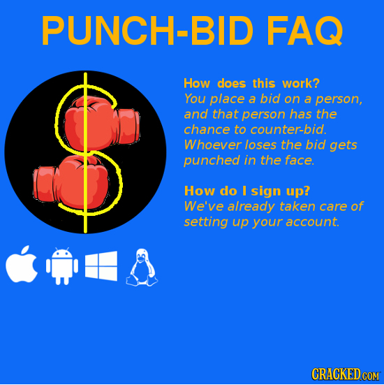 PUNCH-BID FAQ How does this work? You place a bid on a person, and that person has the chance to counter-bid. Whoever loses the bid gets punched in th