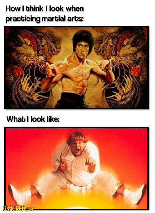 How I think I look when practicing martial arts: What I look like: CRACKEDCON 