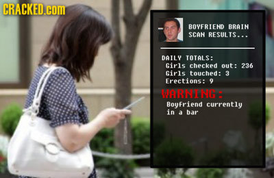 CRACKED.cOM BOYFRIEND BRAIN SCAN RESULIS... DAILY TOTALS: ciris checked out: 236 Girls touched: 3 Erections: 9 WRRNIINGE BoyFriend currently in a bar