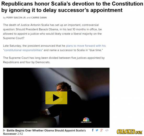 Republicans honor Scalia's devotion to the Constitution by ignoring it to delay successor's appointment Dy PERRY BACON JR. and CARRIE DANN The death o