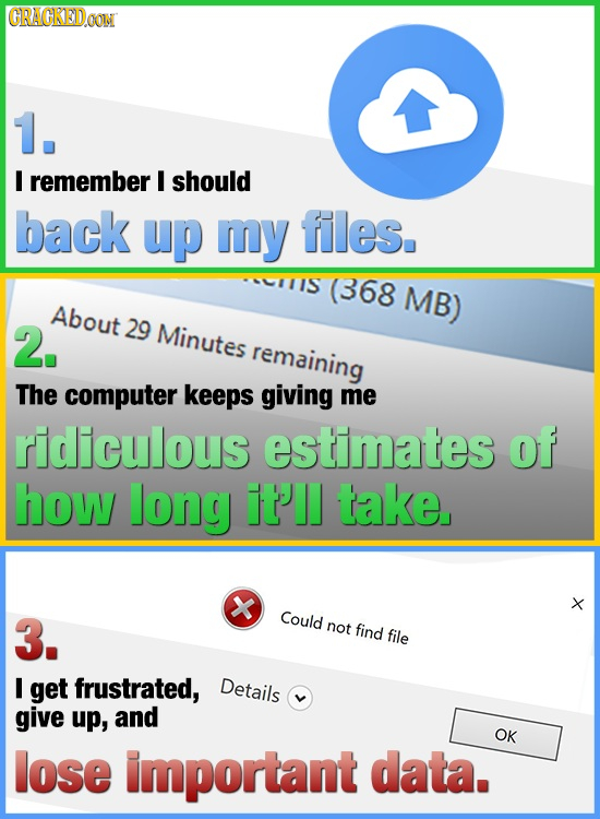 CRAGKED 1. I remember I should back up my files. (368 MB) About 2. 29 Minutes remaining The computer keeps giving me ridiculous estimates of how long