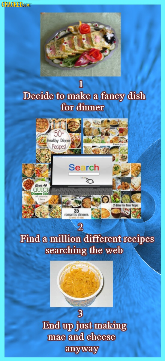 CRACKEDCON 1 Decide to make a fancy dish for dinner 50 Healthy Dinner Recipes Search Oves 40 OUICK Dinner 25 romantic dinners 2 Find a million differe