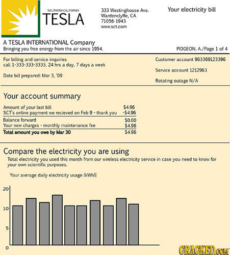 Westinghouse Your electricity bill SOLITHERN CALORNA 333 Ave. TESLA Wardenclyffe. CA 71056-1943 wwwsetcom A TESLA INTERNATIONAL Company Bringing you f