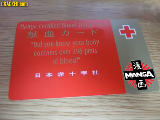 CRACKED.COM Manga Certified Blood Dona ik itn y Did know, your body you contains over 298 pints of blood? E*+ MANGA