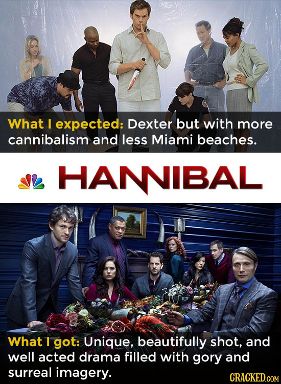 What I expected: Dexter but with more cannibalism and less Miami beaches. HANIBAL What I got: Unique, beautifully shot, and well acted drama filled wi