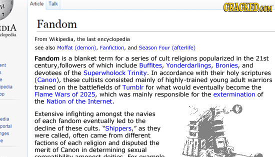 Article Talk CRAGKED.GOM 7 Fandom DIA clopedia From Wikipedia, the last encyclopedia see also Moffat (demon), Fanfiction, and Season Four (afterlife)
