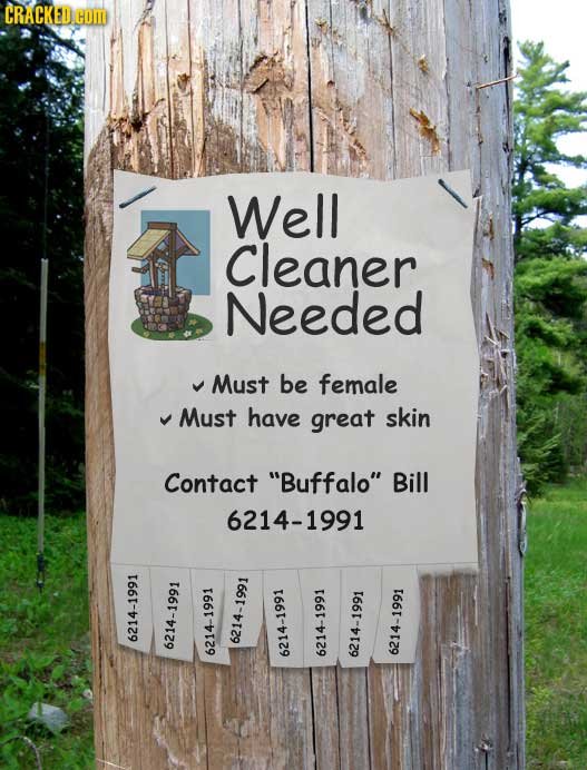 Well Cleaner Needed Must be female Must have great skin Contact Buffalo Bill I66T 6214-1991 6214-1991 6214-1991 6214-1991 6214-1991 6214-1991 6214-1