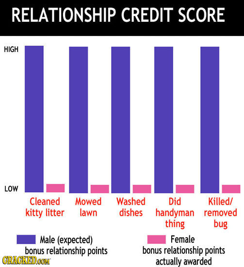 RELATIONSHIP CREDIT SCORE HIGH LLILL LOW Cleaned Mowed Washed Did Killed/ kitty litter lawn dishes handyman removed thing bug Male (expected) Female b