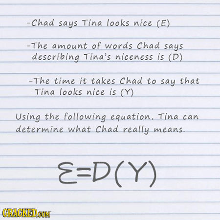 -ChAD says Tina looks nice (E) -The amount of words Chad says describing Tina's niceness is (D) -The time it takes Chad to say that Tina looks nice is