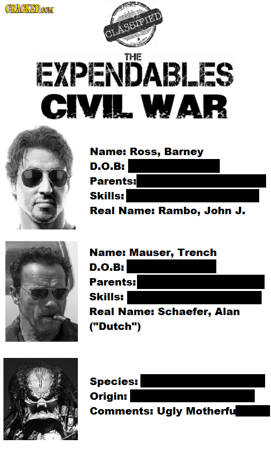 CRACKEDCON CLASSIFIEID THE EXPENDABLES CIVIL WAR Name: Ross, Barney D.O.B: Parents:l Skills: Real Name: Rambo, John J. Name: Mauser, Trench D.O.B: Par