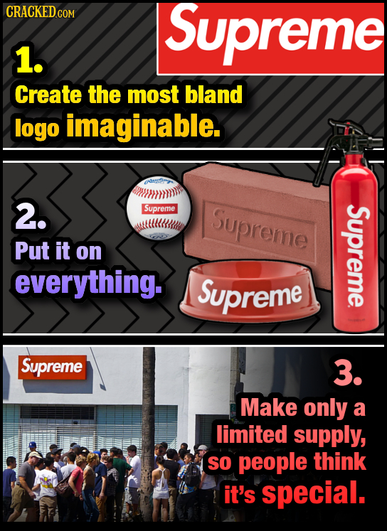 CRACKEDcO COM Supreme 1. Create the most bland logo imaginable 2. Supreme Supreme Put it on reme everything. Supreme Supreme 3. Make only a limited su