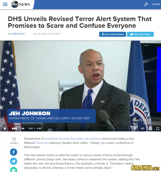 abc NEWS LOG IN DHS Unveils Revised Terror Alert System That Promises to Scare and Confuse Everyone By SAM WHITE. Dec 16 2015 12:14 PM ET f Share wth 