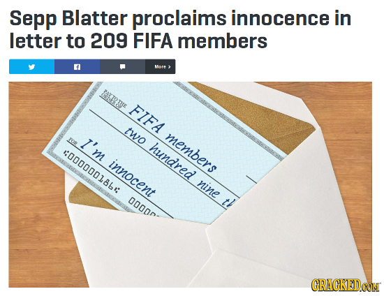 Sepp Blatter proclaims innocence in letter to 209 FIFA members Mor BATS LE FIFA two I'm members FOR hundred 0000001861. innocent nine 00001 th CRACKED