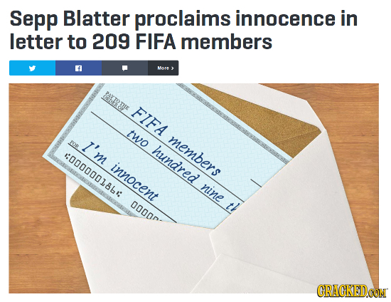 Sepp Blatter proclaims innocence in letter to 209 FIFA members Mor BATS LE FIFA two I'm members FOR hundred 0000001861. innocent nine 00001 th CRACKED
