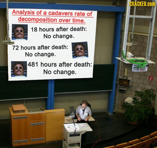 CRACKED.cOM Analysis of a cadavers rate of decomposition over time. 18 hours after death: No change. 72 hours after death: No change. 481 hours after