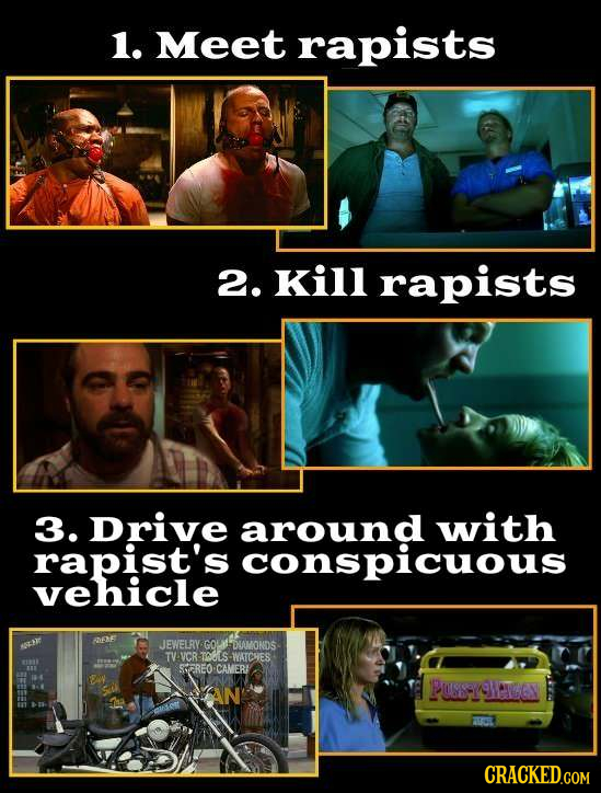 1. Meet rapists 2. Kil rapists 3. Drive around with rapist's conspicuous vehicle RE r WJEWELRY GO DUMONDS TV VCR-TOLS -WATCES SEREO CAMER! FEAW an POS