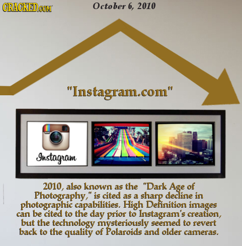 October 6, 2010 Instagram.com Instagram 2010, also known as the Dark Age of Photography, is cited as a sharp decline in photographic capabilities.