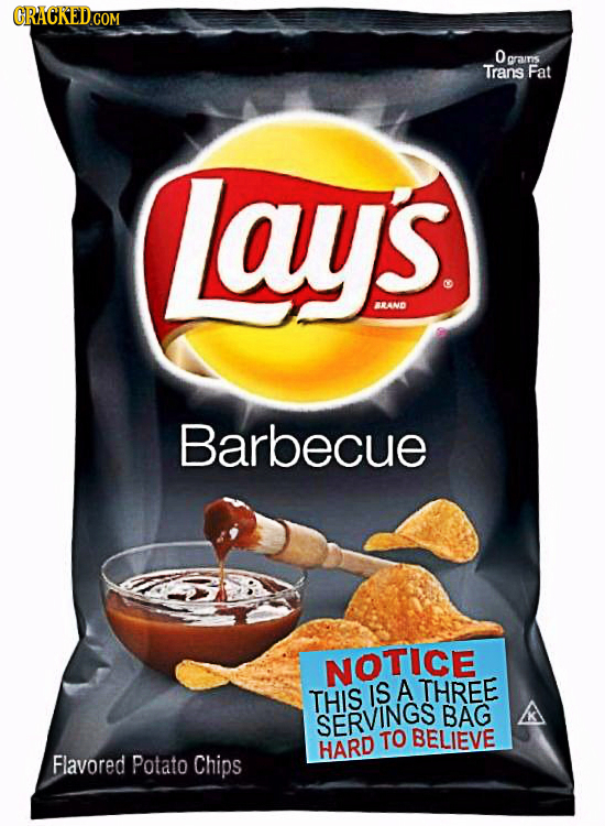CRACKED.COM 0 rains Trans Fat Lays RAND Barbecue NOTICE A THREE THIS IS A SERVINGS BAG TO BELIEVE HARD Flavored Potato Chips