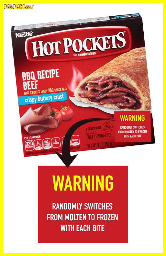 CRACKEDCON YSA Nestle Hot 'POCKETS sandwiches BBQ RECIPE BEEF BBO sauce in a with sweet & tangy crispy buttery crust WARNING RANDOMLY SWITCHES 2SANOWI