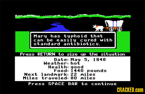 onee Mary has typhoid that Can be easily cured with standard antibiotics. Press RETURN to size up the situation Date: May 5, 1848 Heather: hot Health: