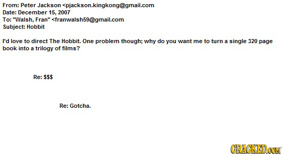 From: Peter rJackson <pjackson.kingkong@gmail.com Date: December 15, 2007 To: Walsh, Franfranwalsh59@gmail.com Subject: Hobbit I'd love to direct Th
