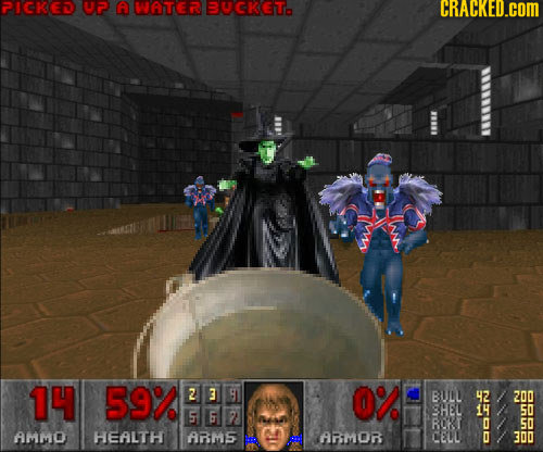 PICKED UP C BUGKETa CRACKED.COM 14 59 2 3 9 0 BULL 42 200 1 3HEL i 5 6 ROKT 50 AMMO HEALTH ARms ARMOR CELRL 300