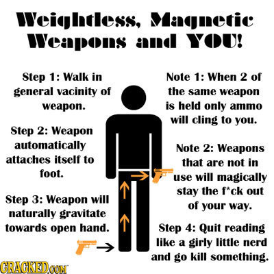 Weihtless, Magetic Weapons ndl YOU! Step 1: Walk in Note 1: When 2 of general vacinity of the same weapon weapon. is held only ammo will cling to you.