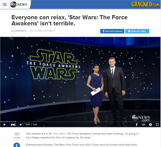 abc NEWS CRACKEDe COM Everyone can relax, 'Star Wars: The Force Awakens' isn't terrible. By SAM WHITE Dec 16 2015.1012 AM ET f shareweh Facobook Saro