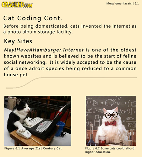 CRACKEDO Megalomaniacats 6.1 Cat Coding Cont. Before being domesticated, cats invented the internet as a photo album storage facility. Key Sites Mayi