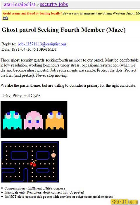 atari craigslist security iobs Avoid scams and fraud by dealing locally! Beware any arrangement involving Westem Union, M ifo Ghost patrol Seeking Fou