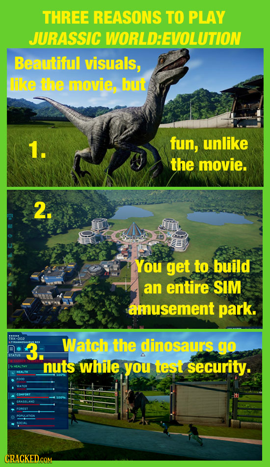 THREE REASONS TO PLAY JURASSIC WORLD:EVOLUTION Beautiful visuals, like the movie, but 1. fun, unlike the movie. 2. You get to build an entire SIM amus
