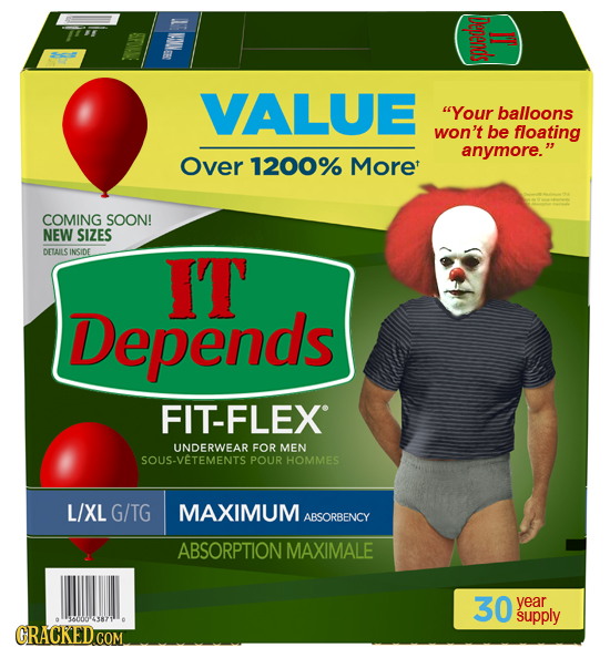 DepeNs VALUE Your balloons won't be floating anymore. Over 1200% More COMING SOON! NEW SIZES DETAILSINSIDE IT Depends FIT-FLEX UNDERWEAR FOR MEN SOU