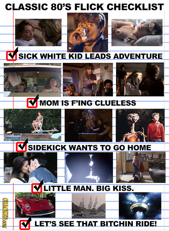 CLASSIC 80'S FLICK CHECKLIST SICK WHITE KID LEADS ADVENTURE MOM IS F'ING CLUELESS SIDEKICK WANTS TO GO HOME LITTLE MAN. BIG KISS. CRAGKEDCON LET'S SEE