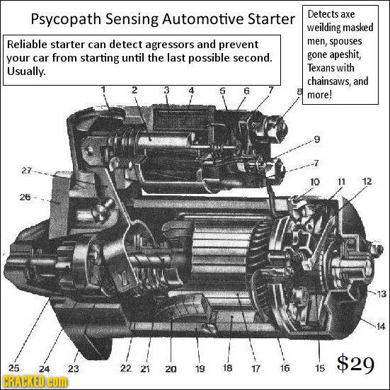 Psycopath Sensing Automotive Starter Detects axe weilding masked Reliable starter can detect agressors and prevent men, spouses apeshit, your car from