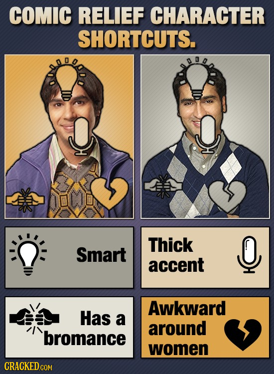 COMIC RELIEF CHARACTER SHORTCUTS. Thick Smart O accent Awkward Has a around 'bromance women