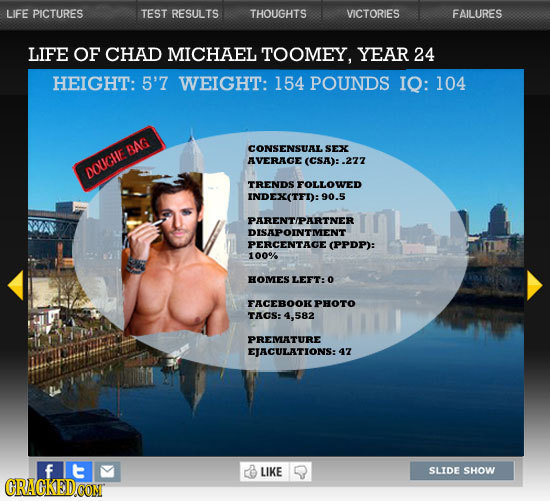 LIFE PICTURES TEST RESULTS THOUGHTS VICTORIES FAILURES LIFE OF CHAD MICHAEL TOOMEY, YEAR 24 HEIGHT: 5'7 WEIGHT: 154 POUNDS IQ: 104 BAG CONSENSUALS SEX