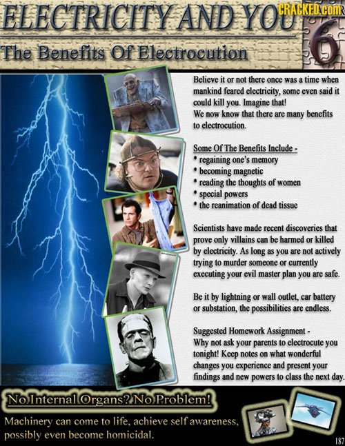 ELECTRICITY AND YORALKEN CRACKED.CO The Benefits Of Electrocution Believe it or not there once was a time when mankind feared electricity, some even s
