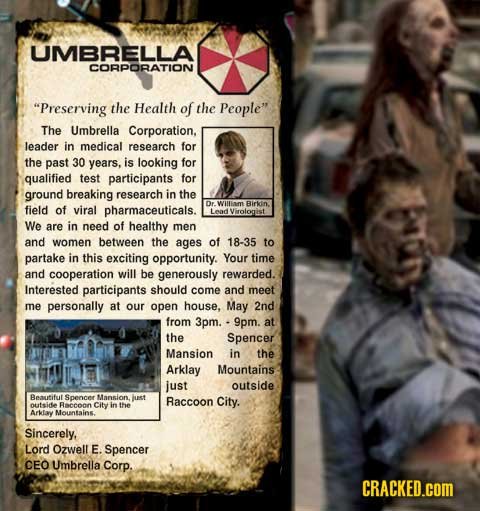 UMBRELLA CORPORATION Preserving the Health of the People The Umbrella Corporation. leader in medical research for the past 30 years, is looking for