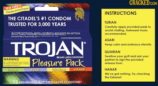 AEI VARIETY czvion! Srruti INSTRUCTIONS THE CITADEL'S #1 CONDOM FOR TURIAN TRUSTED 3,000 YEARS Carefully apply provided pads to avoid chafing. Awkward