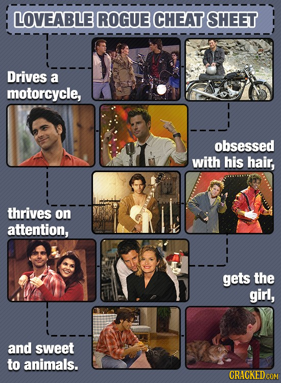 LOVEABLE ROGUE CHEAT SHEET Drives a motorcycle, obsessed with his hair, thrives on attention, gets the girl, and sweet to animals. CRACKED COM
