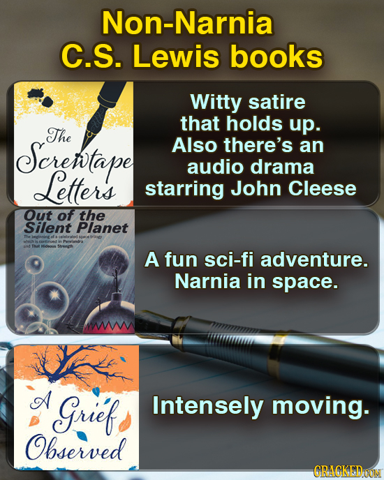 Non-Narnia C.S. Lewis books Witty satire that holds up. The Screwtape Also there's an audio drama Ho Letters starring John Cleese Out of the Silent Pl