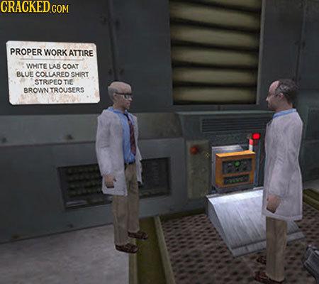 CRACKED.COM PROPER WORK ATTIRE WHITE LAB COAT BLUE COLLARED SHIRT STRIPEOTIE BROWN TROUSERS 700